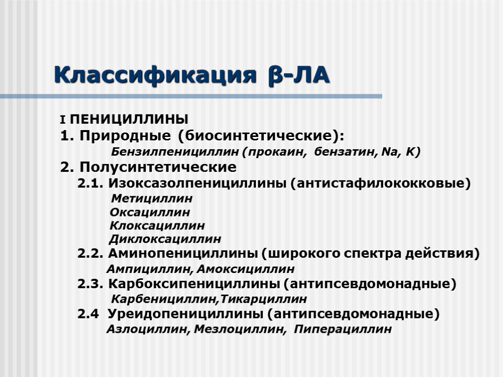 Классификация β-ЛА I ПЕНИЦИЛЛИНЫ 1. Природные (биосинтетические): Бензилпенициллин (прокаин, бензатин, Na, K) 2. Полусинтетические